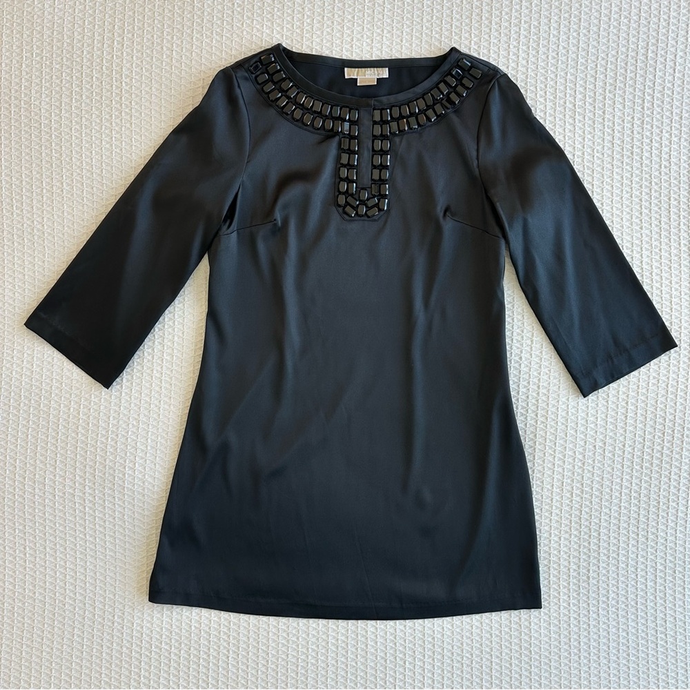 Michael Kors black satin 3/4 sleeve tunic shift dress